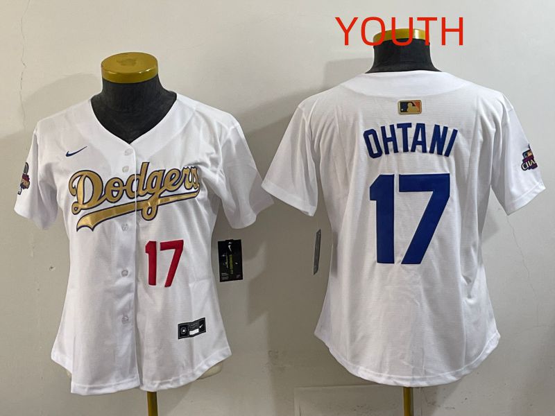 Youth Los Angeles Dodgers #17 Ohtani White Champion edition Nike MLB Jersey style 008